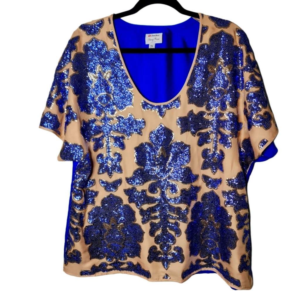 Tracy Reese for Neiman Marcus top royal blue plus size XXL sequin blouse